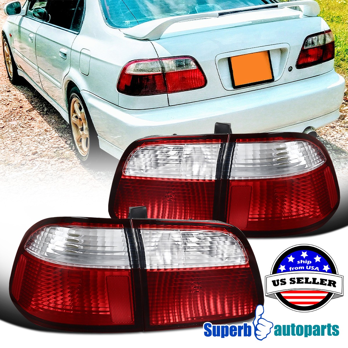 Fits 1999-2000 Honda Civic Sedan Red Clear Tail Lights Brake Lamps 99-00