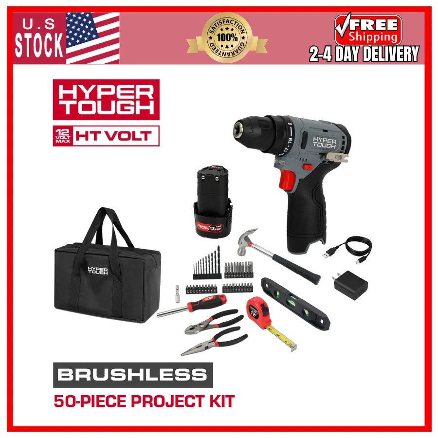 Hyper Tough 12V Brushless Cordless 50 Piece Project Kit with Battery and Charger