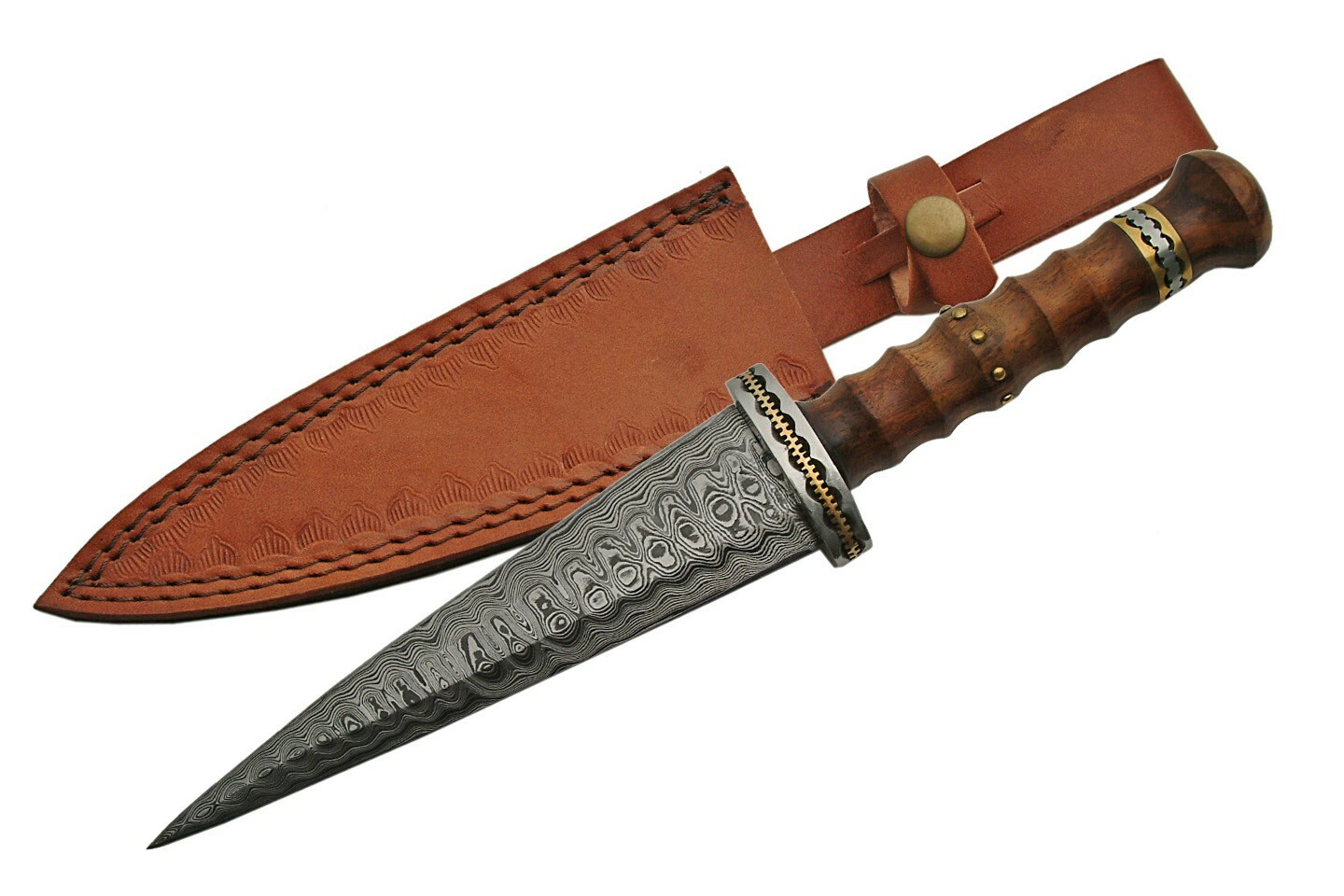 Damascus Steel Dagger | 12" Medieval Dirk Rosewood Handle + Leather Sheath