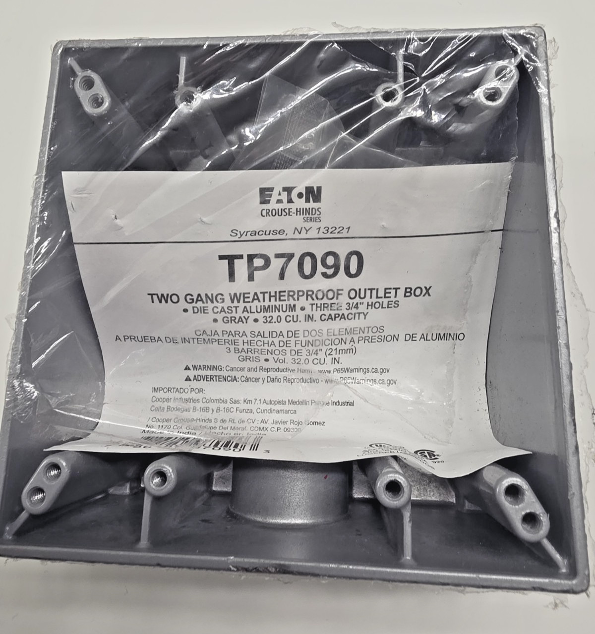 TP7090, Eaton Crouse Hinds Weatherproof Outlet Box Aluminum 3 3/4" Holes, NEW