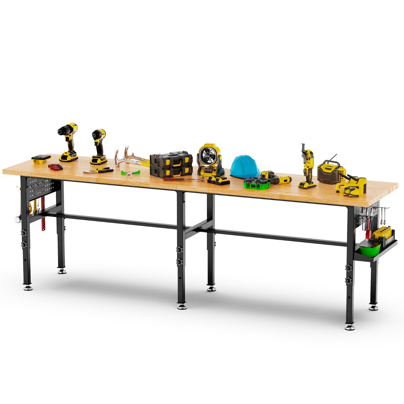 Adjustable 96" Workbench Solid Wood 2000lbs Power Outlet Pegboard Storage