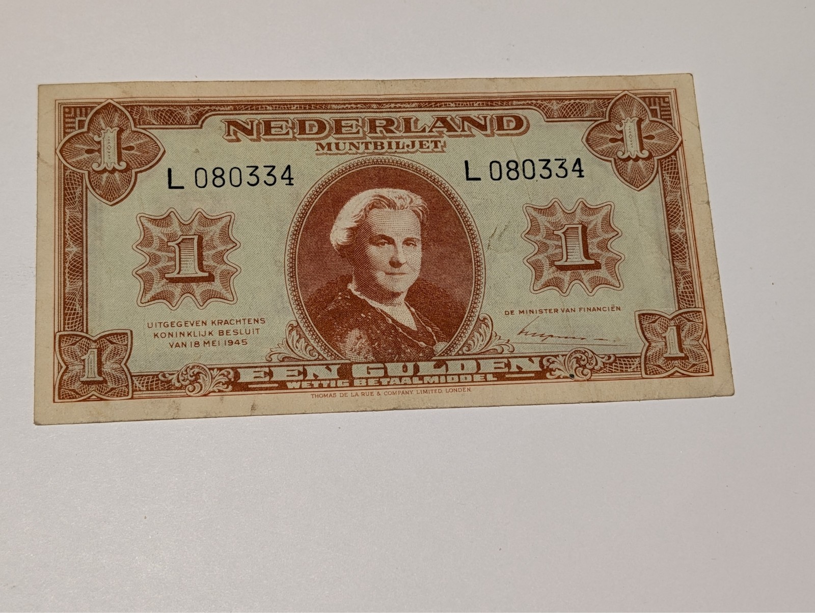 1945 Netherlands 1 Gulden Banknote Queen Wilhelmina Post WWII Pick 70 VF/XF