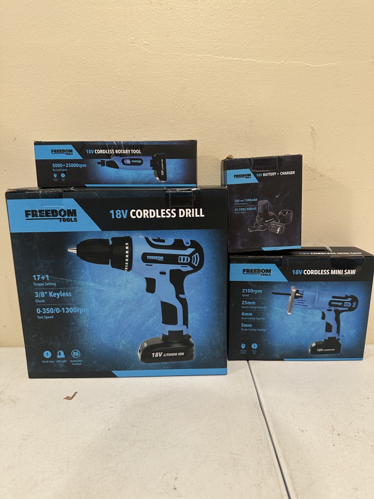 Freedom Tools 18V Cordless Drill Rotary Tool Mini Saw Kit w/ Battery & Charger