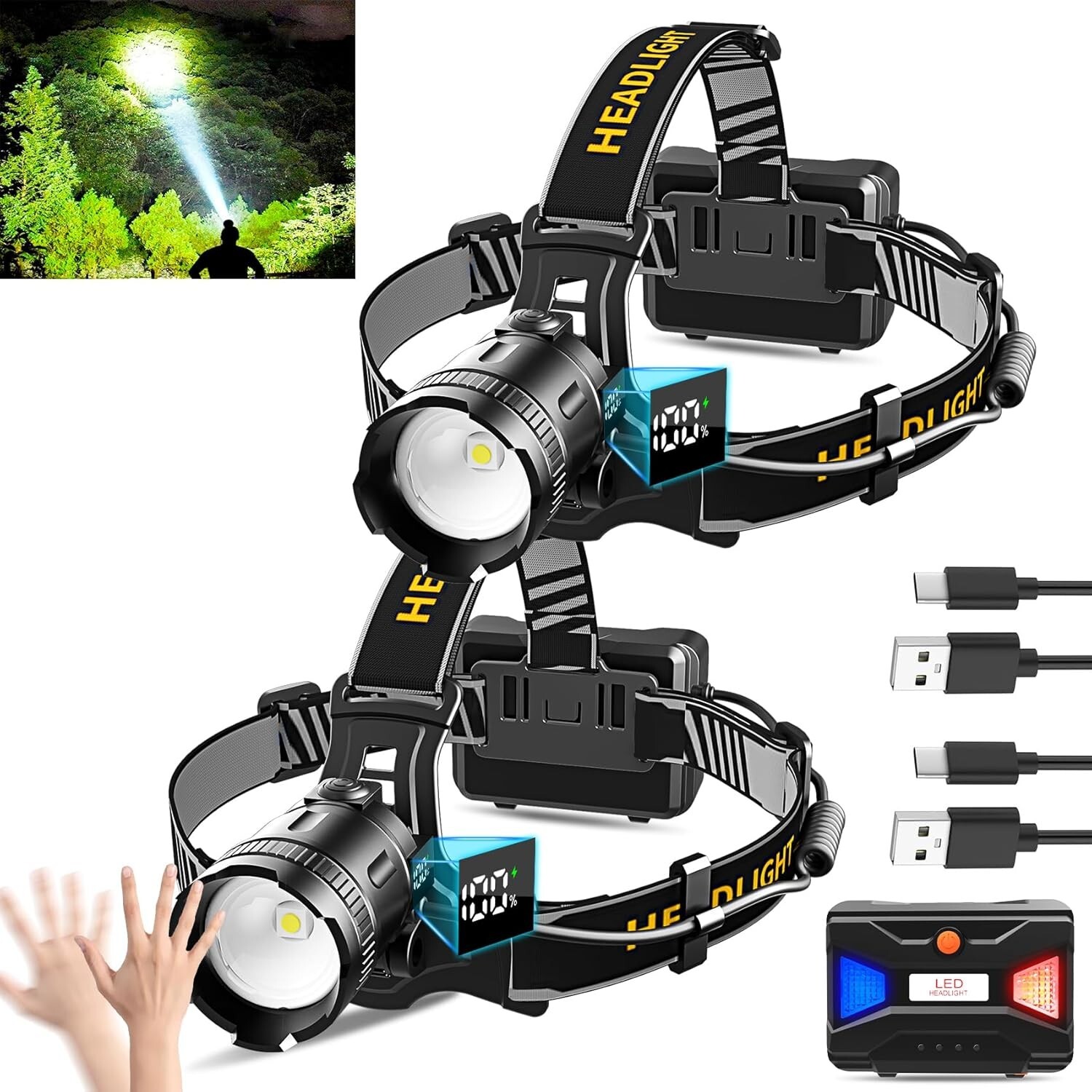 2 pk. Motion Sensor  Head Light Super Bright LED Rechargeable Aluminum Headlamp