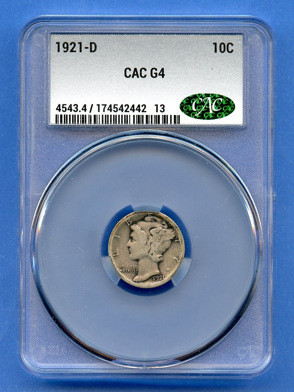 1921 D CAC G4 Mercury Dime 10c US Mint Silver Coin Rare Key 1921-D G-04 CACG