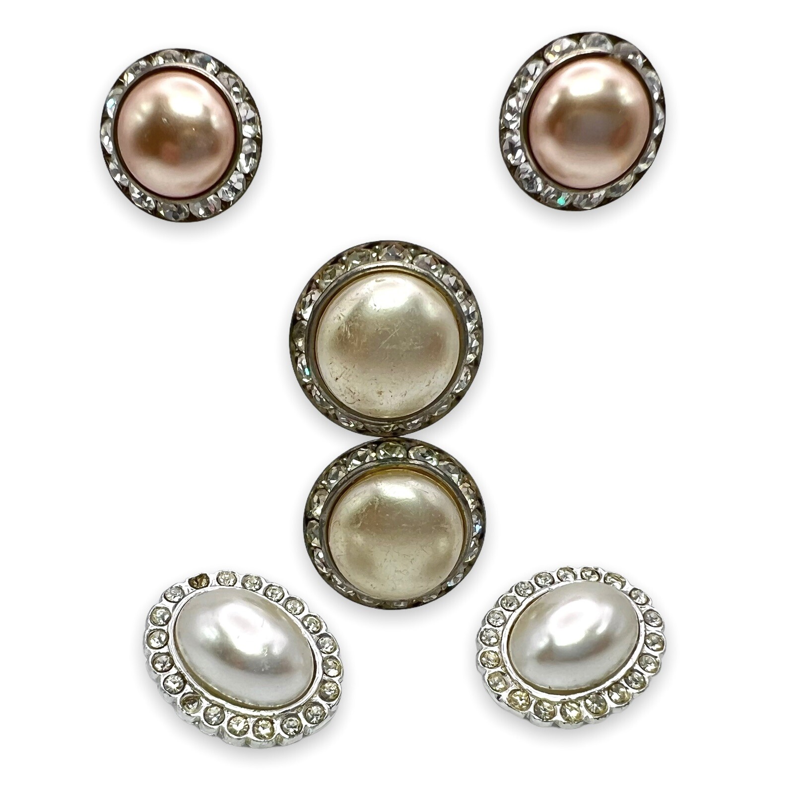 Vintage Lot Of 3 Pearlized Center Channel Set Rhinestone Surround Earrings
