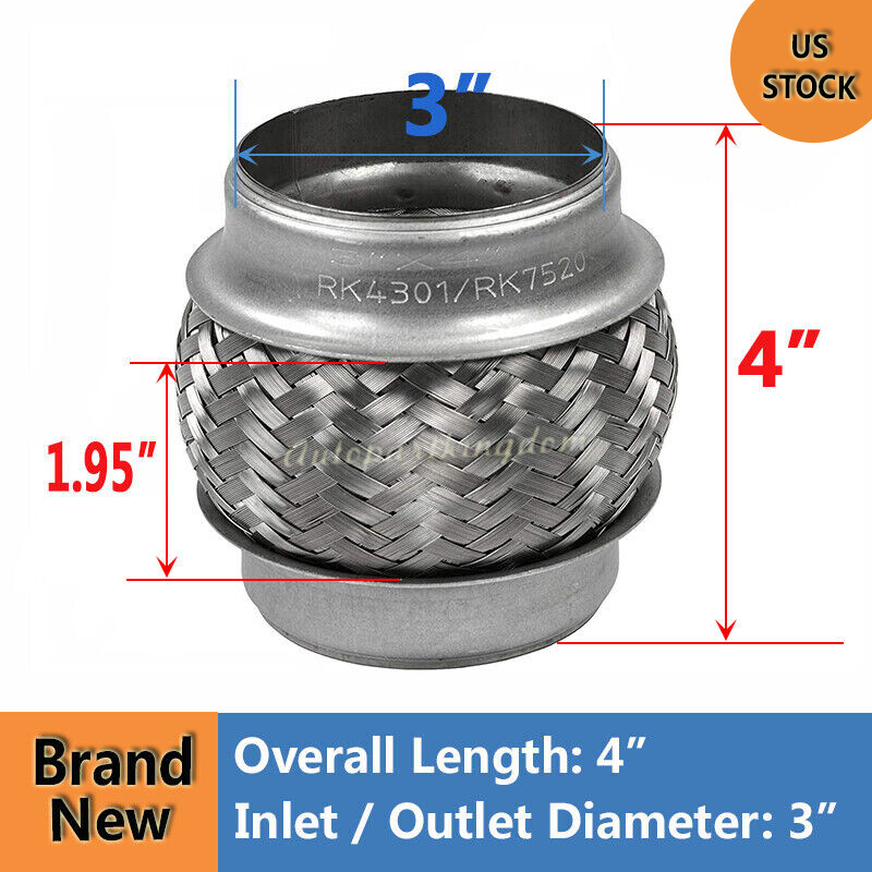 New For Exhaust Flex Pipe 3" x 4" Heavy Duty Stainless Steel Double Braided 4"OL