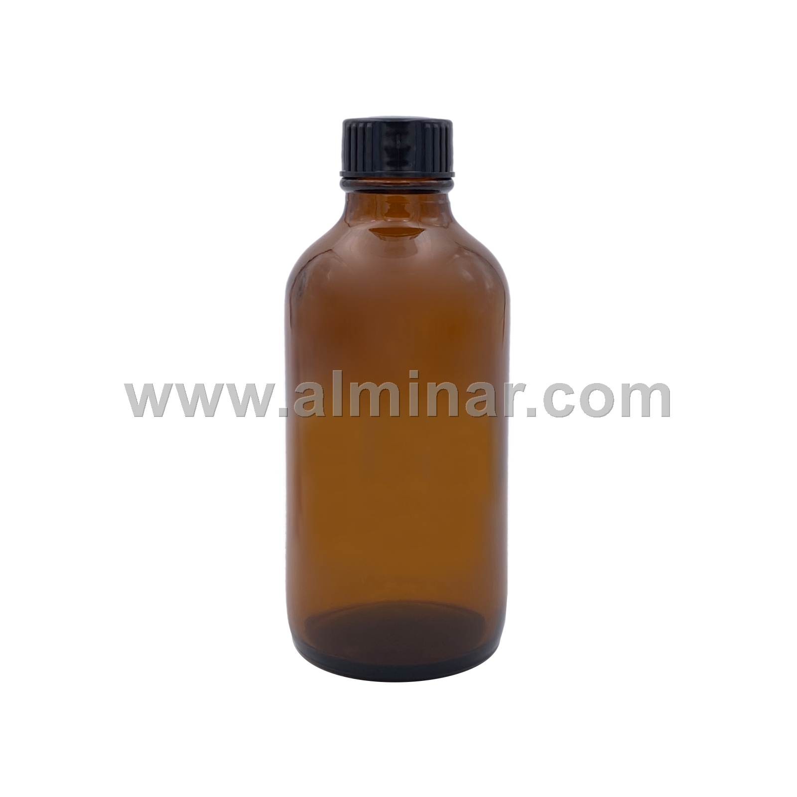 Boston Round 4 oz Amber Glass Bottles With Poly Cone Lined Black Caps