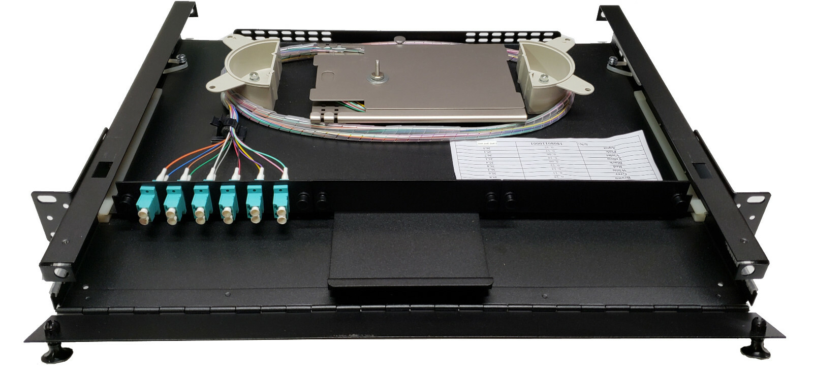 12 Fiber 1RU Rack Mount w/ 6 LC Aqua Duplex Adapters, 50/125 OM3 Pigtails & Tray