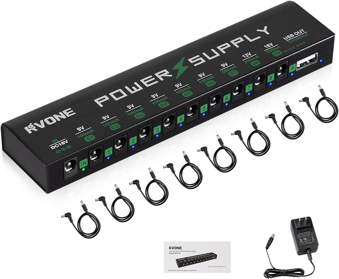 Guitar Pedal Power Supply, 10 Isolated DC Outputs for 9V/12V/18V Effects