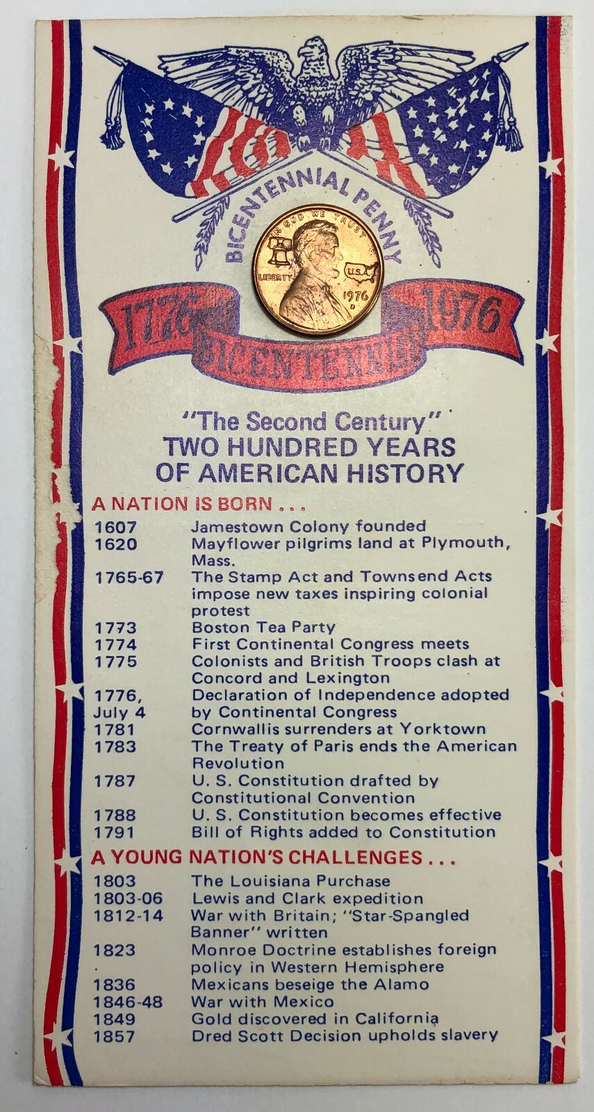 1976 Bicentennial Lincoln Penny Card 200 Two Hundred Years of American History