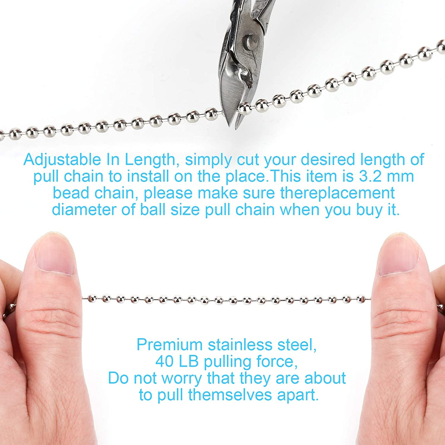 200 Inch Ceiling Fan Pull Chain, (Upgrade Rust Proof) 3.2Mm Beaded Pull Chains E