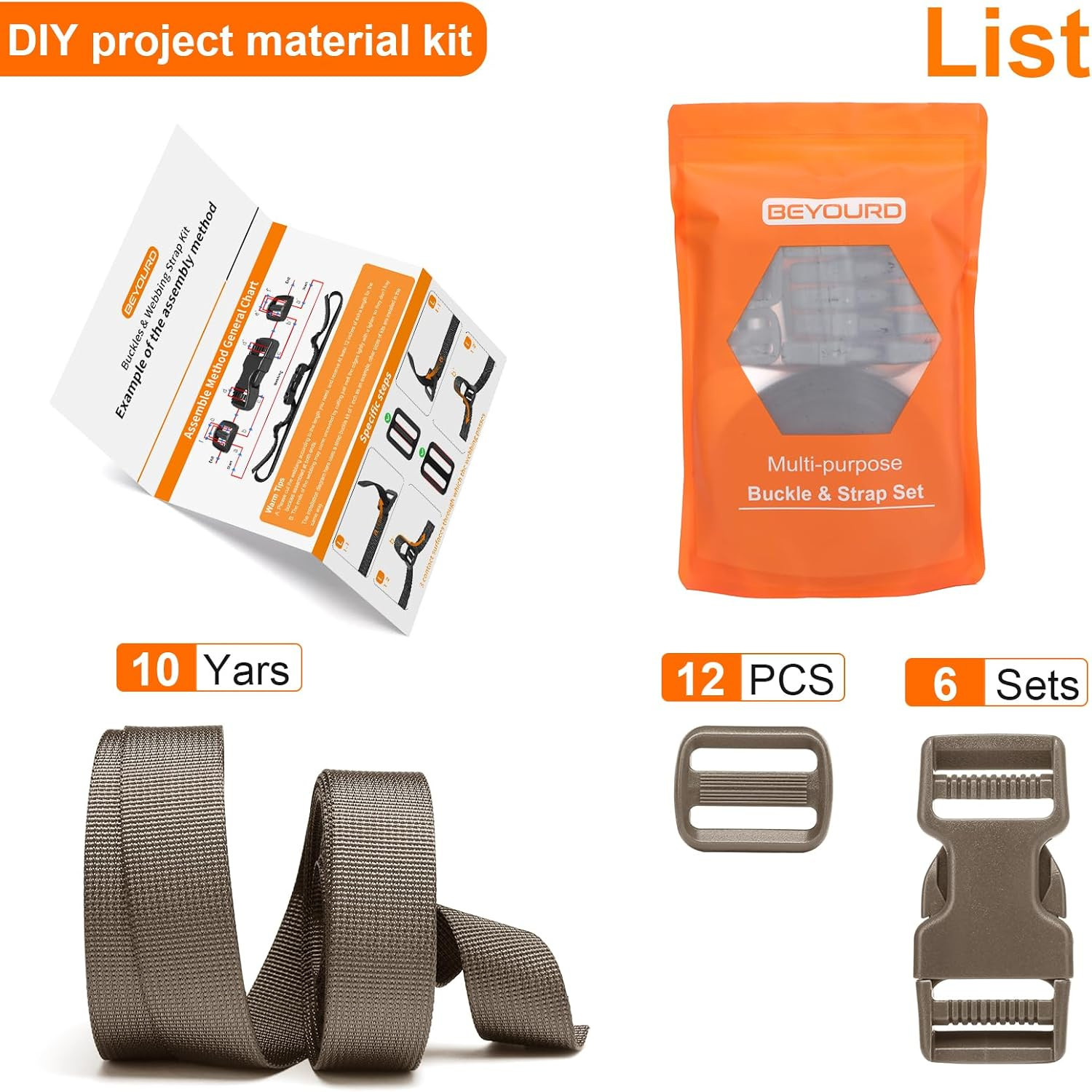 Buckle and Strap Set, 10 Yards Polyester Webbing Strap with 6 Dual Adjustable Si