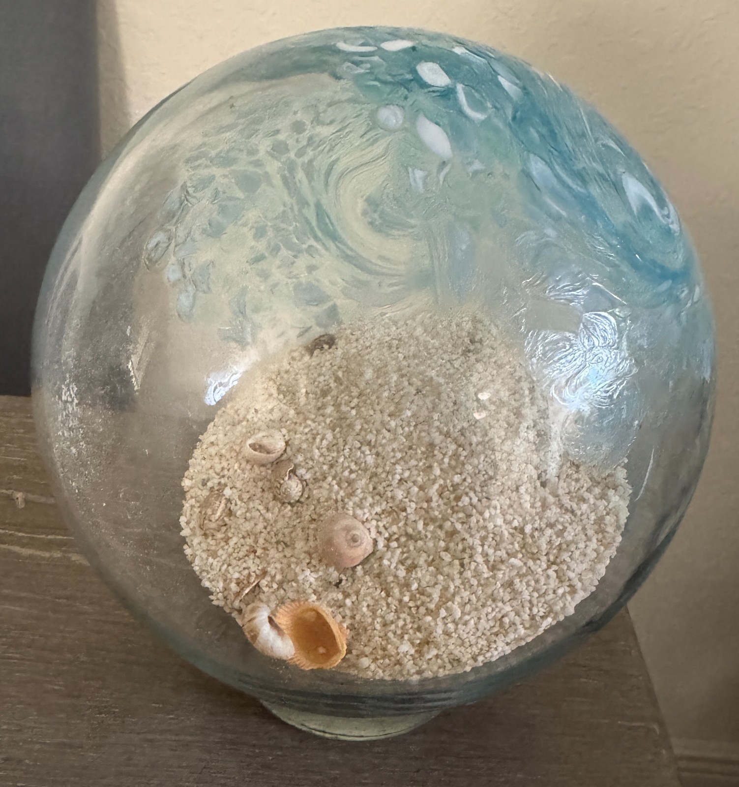 Hand Blown Art Glass Ocean Waves Orb Globe Sand & Seashells 7.5" beach