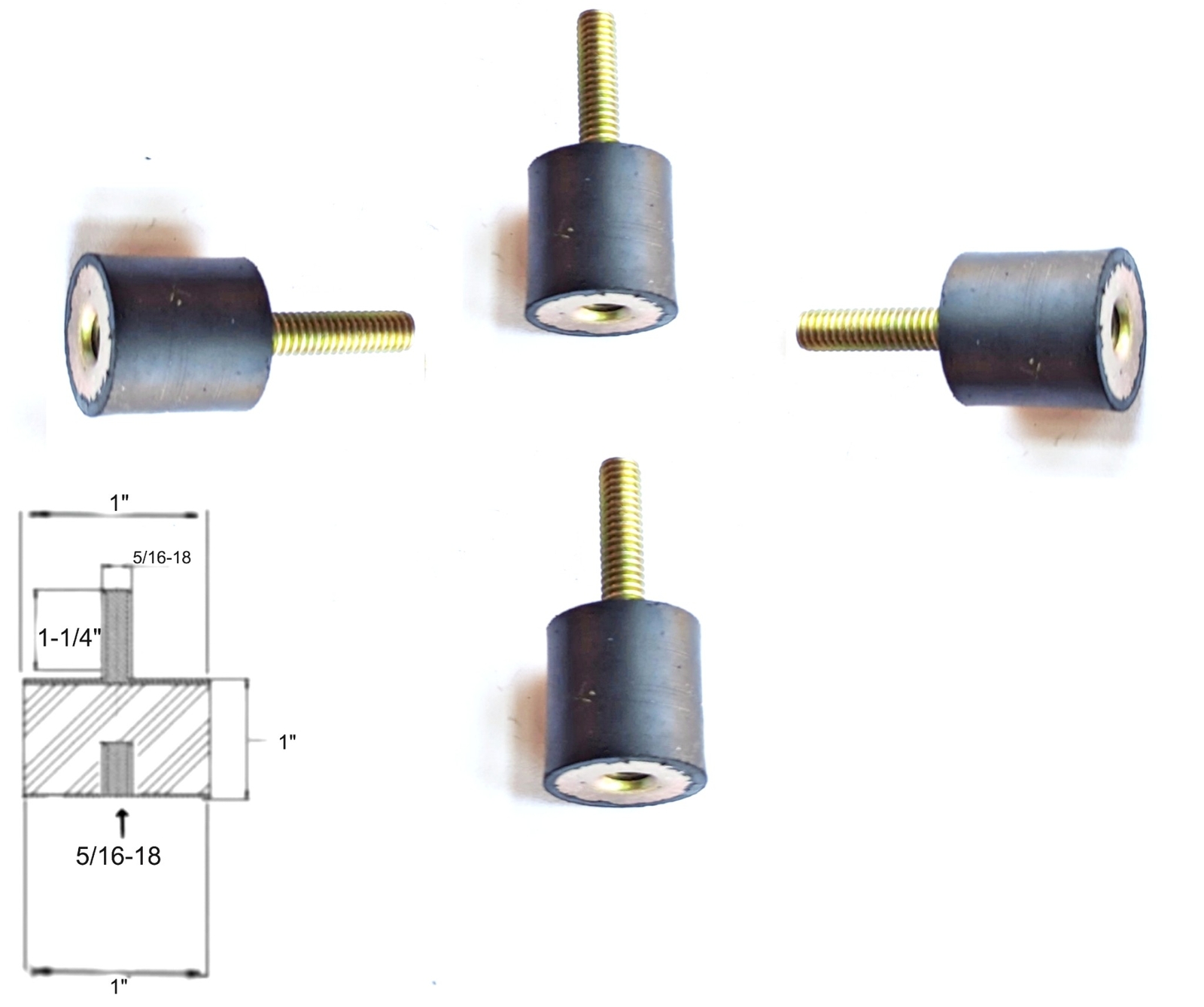 4 Rubber Vibration Isolator Mounts (1 Dia x 1" Thk) 5/16-18 x 1-1/4" Long Stud