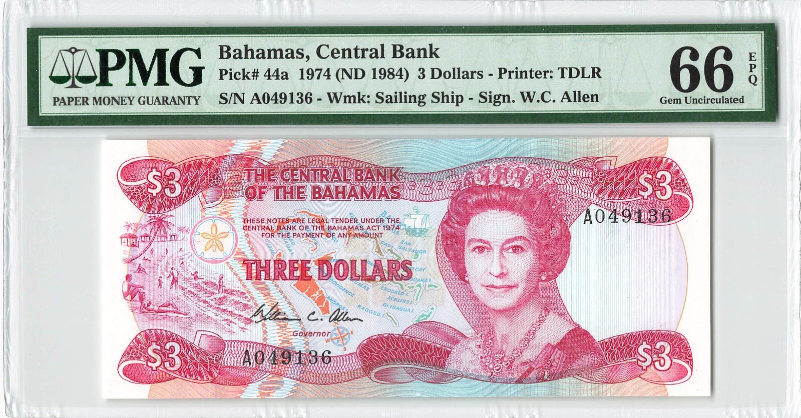 BAHAMAS $3 Dollars 1974 (1984), Sign: Allen, P-44a, PMG 66 EPQ Gem UNC, QEII