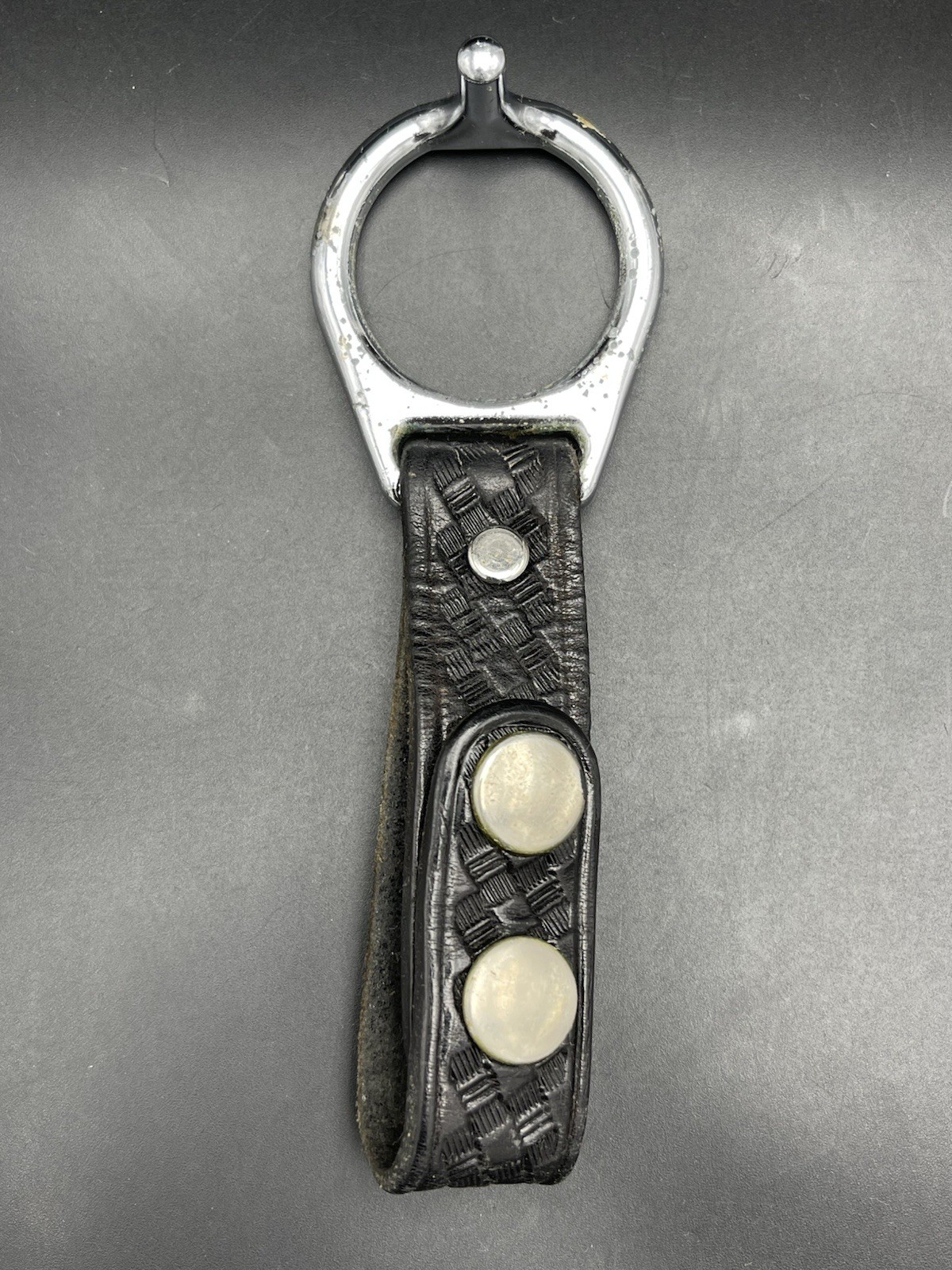 Vintage Black Leather Basketweave Duty Belt Baton Holder Hoop Ring Holster