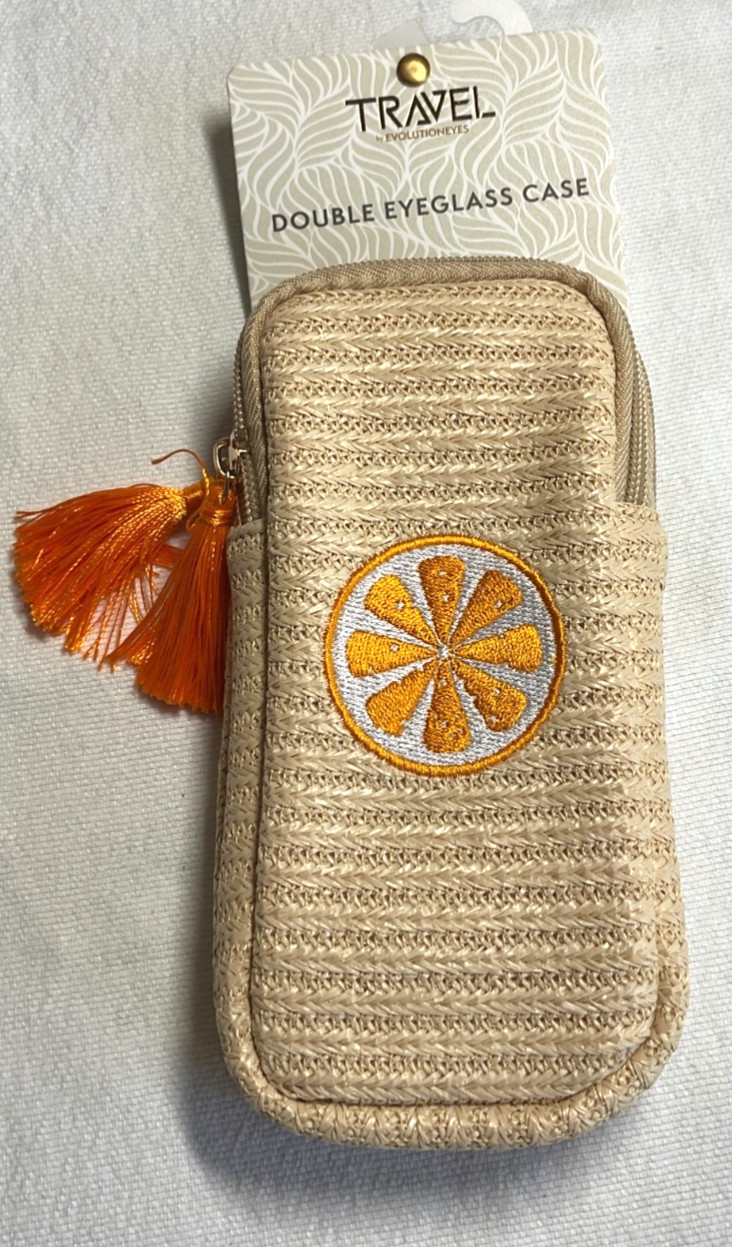 EVOLUTION EYES TRAVEL DOUBLE EYEGLASS CASE ORANGE SLICE 17 x 3 STRAW NWT