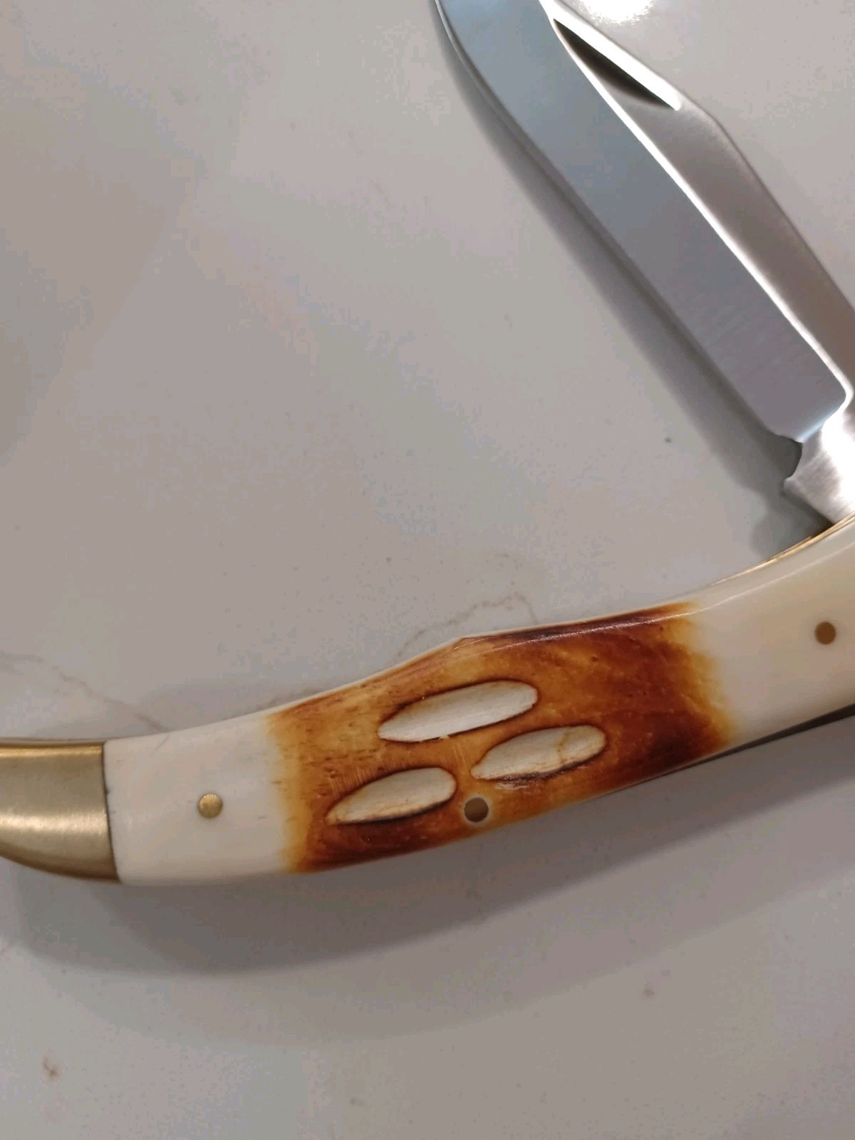 Copperhead Folder Bone Handle Brass Bolster 2 Blade Leather Sheath Well Made.
