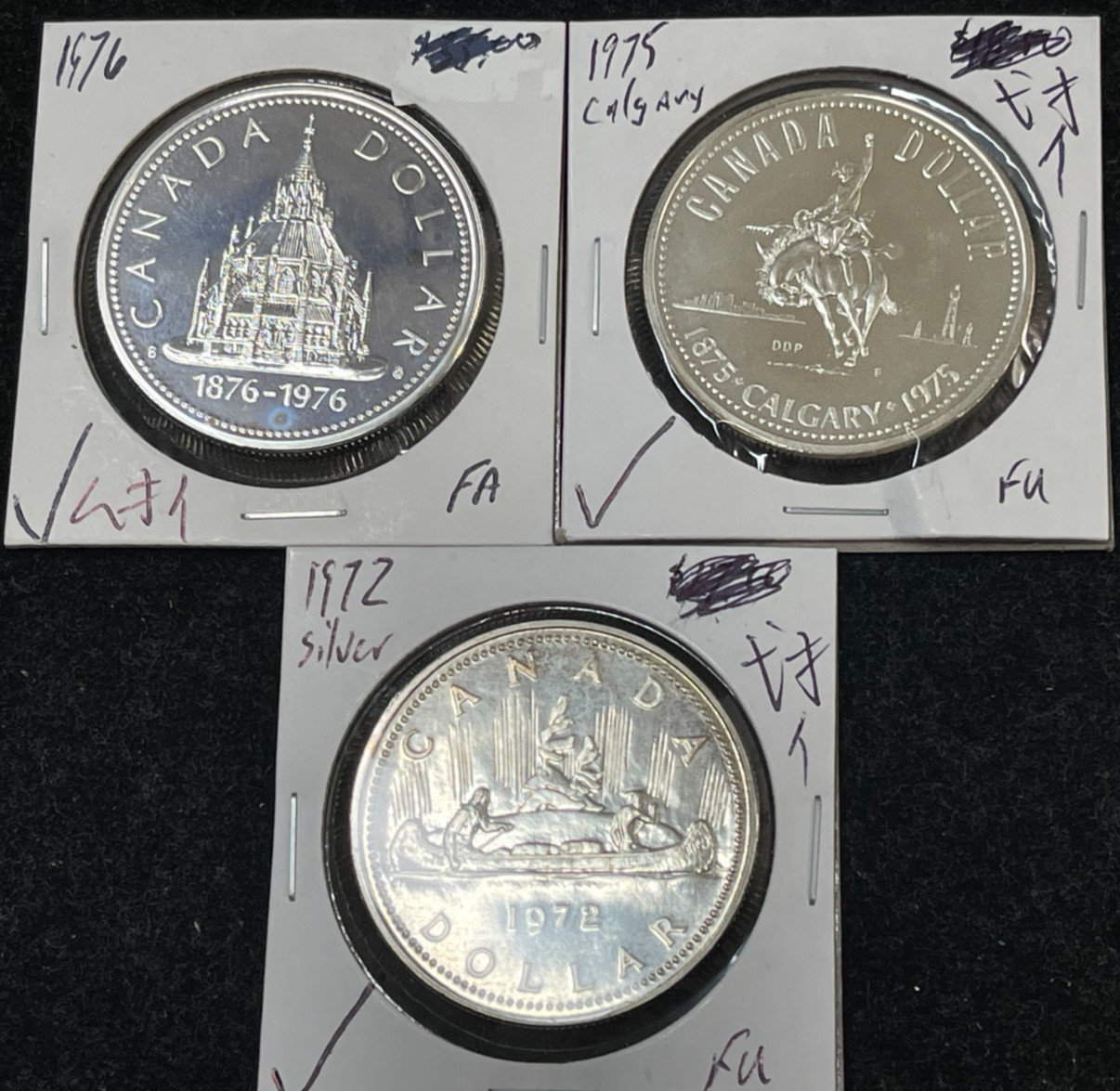 1972-75-76 Canada 3 Silver Dollar Coins Lot Excellent Condition High Value