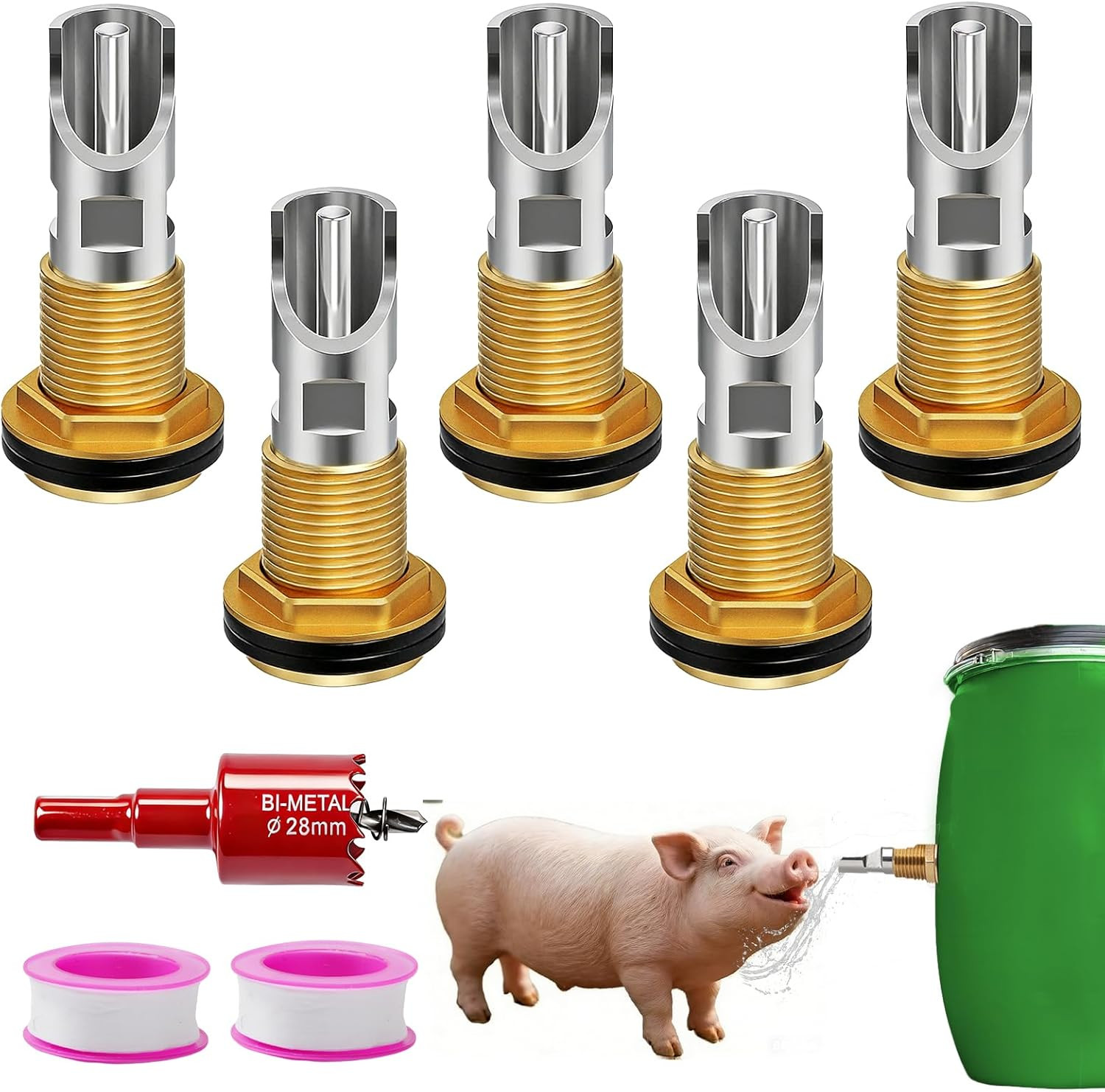 Pig Water Nipple, 5PCS Pig Nipple Waterer for Barrel Kit, Stainless Steel | Auto