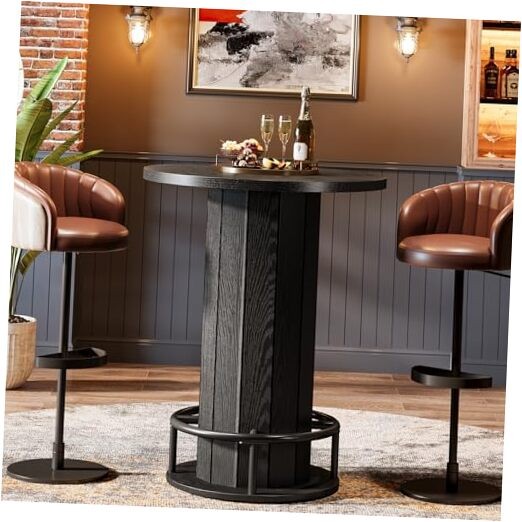 Tribesigns Round Bar Table, 39.4" H Wood Bistro Pub Table with Metal Ring Black