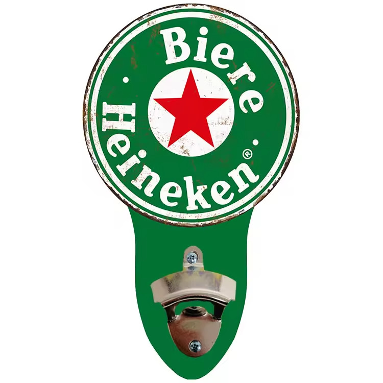 Biere Heineken  Beer Wall-Mount Metal Bottle Opener  Sign  5 x 8.5 In