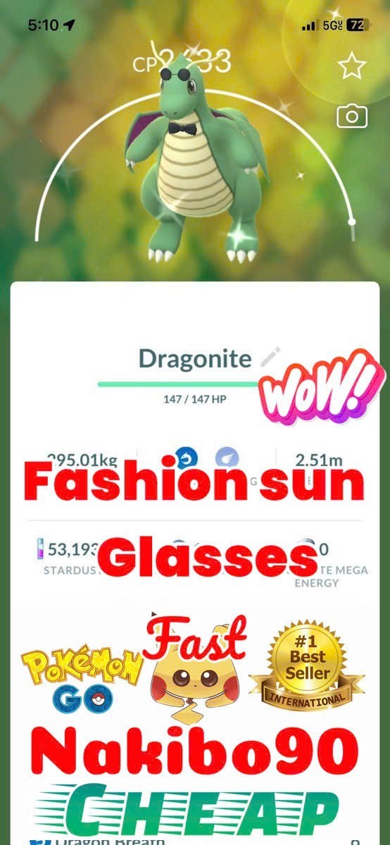 Pokemon✨ Shiny Dragonite Wearing Fashionable Glasses Costume✨Tra De✨Go✨P’TC✨