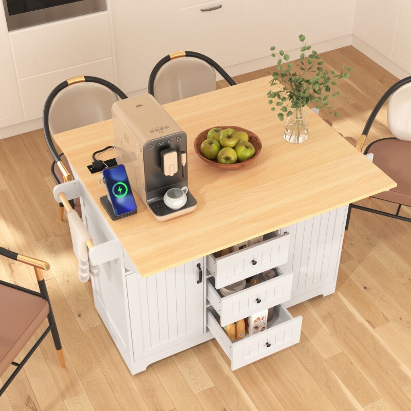 55.7'' Large Kitchen Island with 2 Drop LeafnRolling Kitchen Cart on 5 Wheels