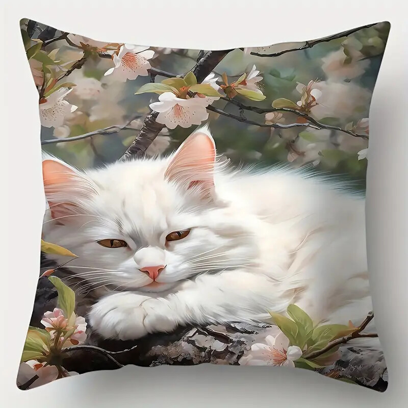 White Flower Kitten Throw Pillow Decorative Couch Pillow 18 X 18 Pillow and Case