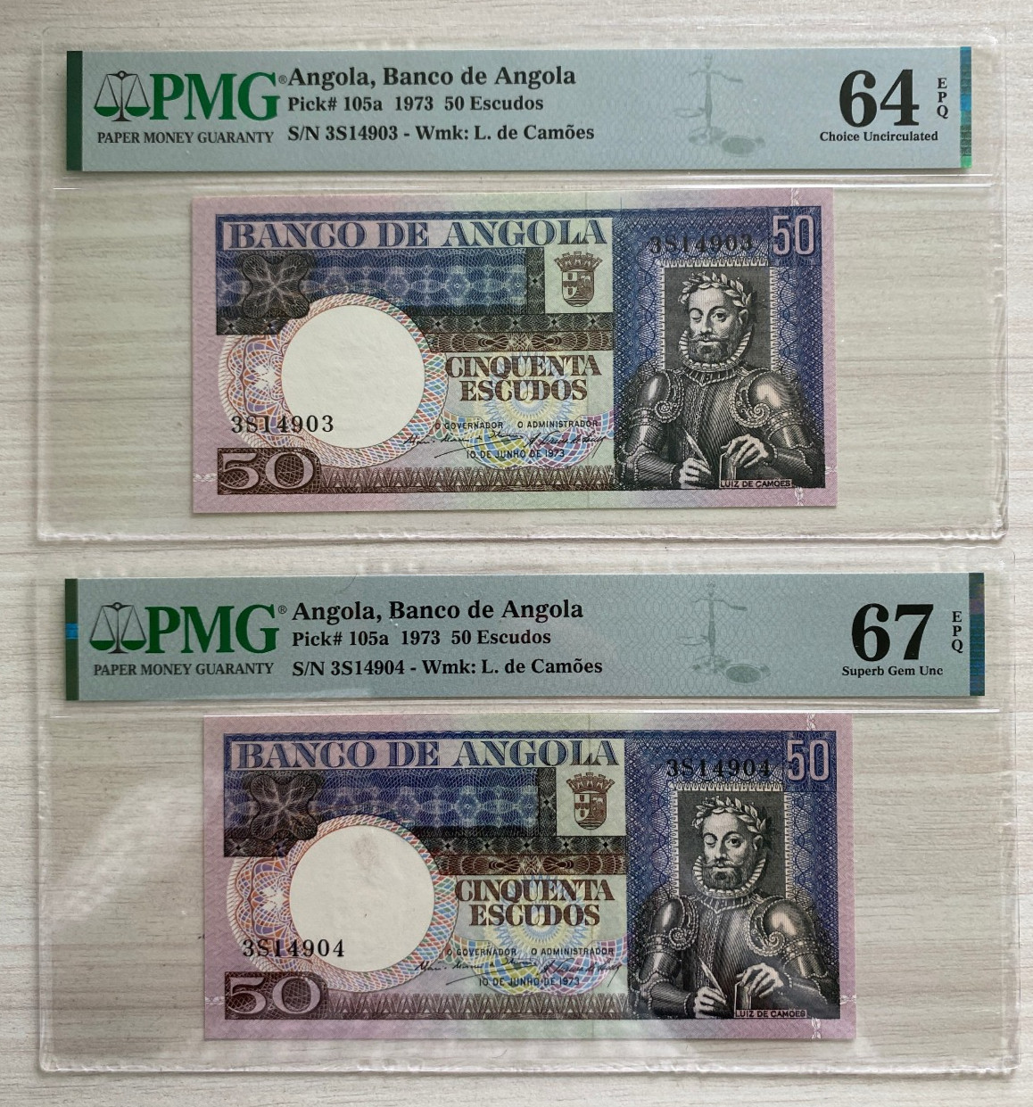 Angola 50 Escudos 1973 PMG Gem UNC Consecutive PAIR World Paper Money