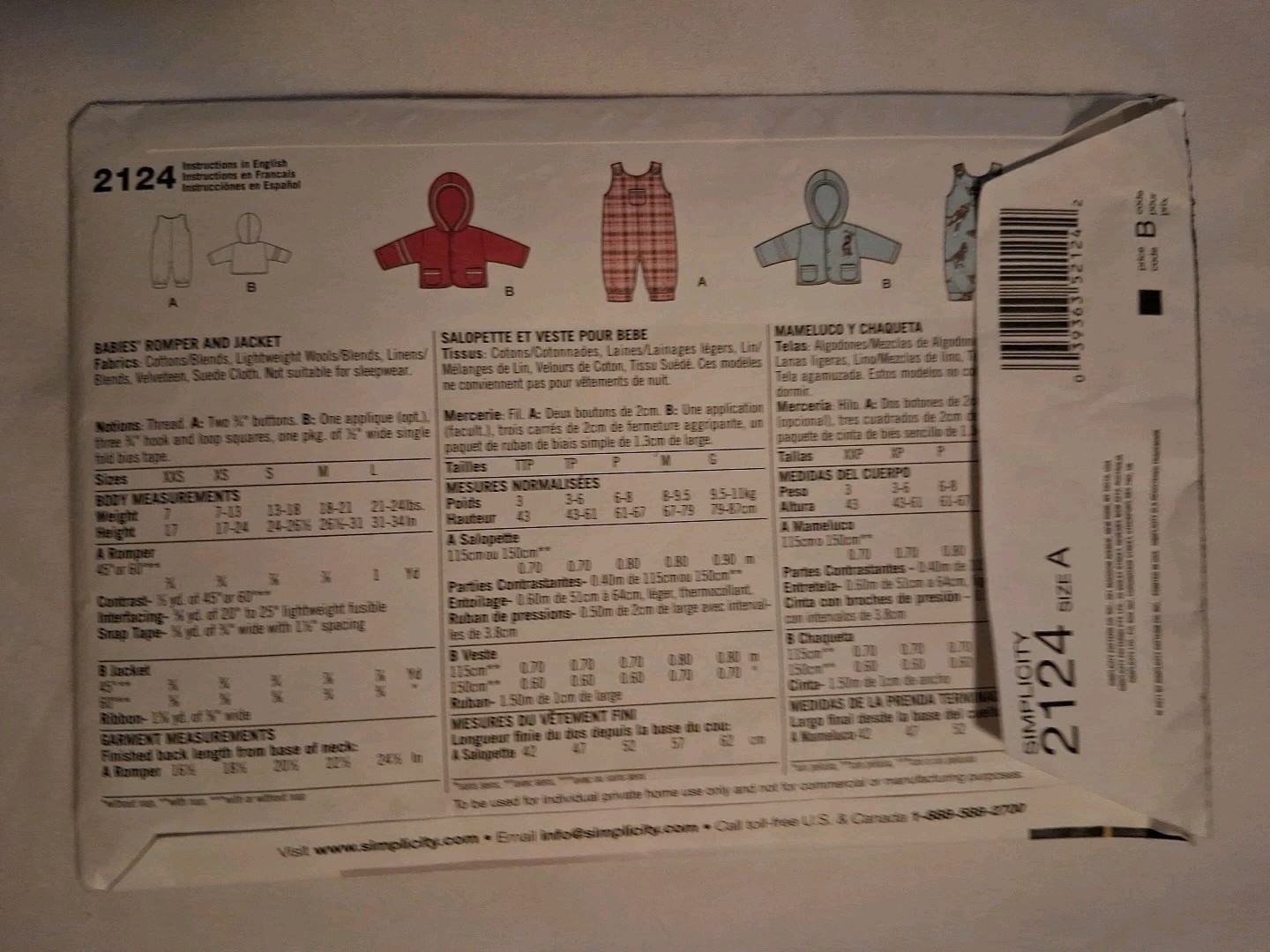 Simplicity Baby Romper Jacket Pattern Uncut 2124 Size A XXS-L