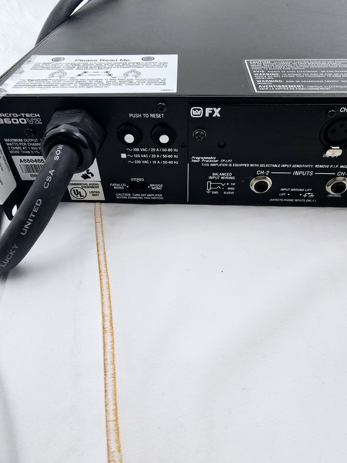 Crown Macro-Tech 3600vz Amplifier 15a Plug 120v