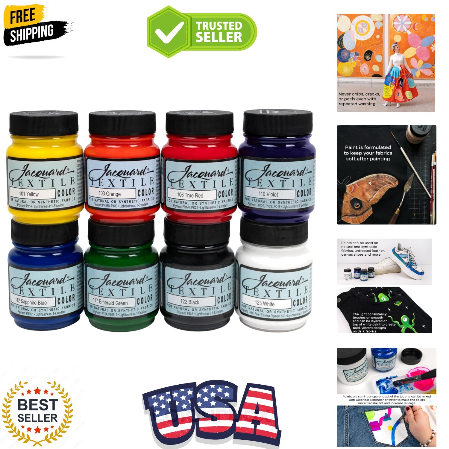 Textile 8 Color Primary/Secondary Color Set - Permanent Fabric Paint for Clot...