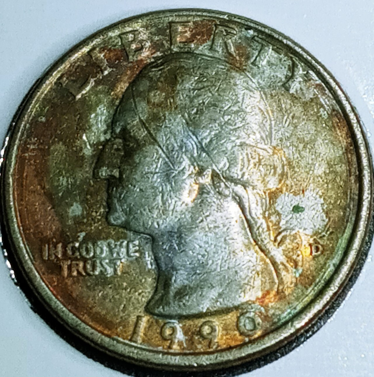 1990 D Washington Quarter Toning Both Sides Missing Clading Green Most Copper