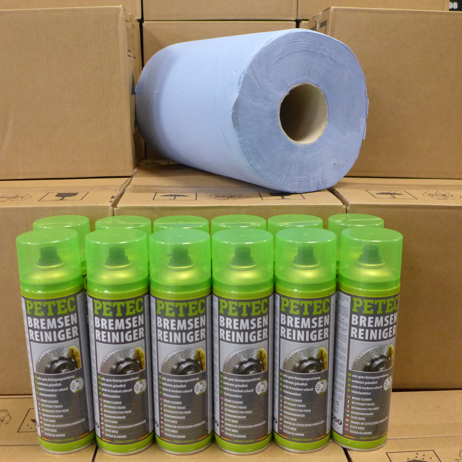 Petec 12x Bremsenreiniger Montagereiniger Entfetter 500ml +Putztuchrolle