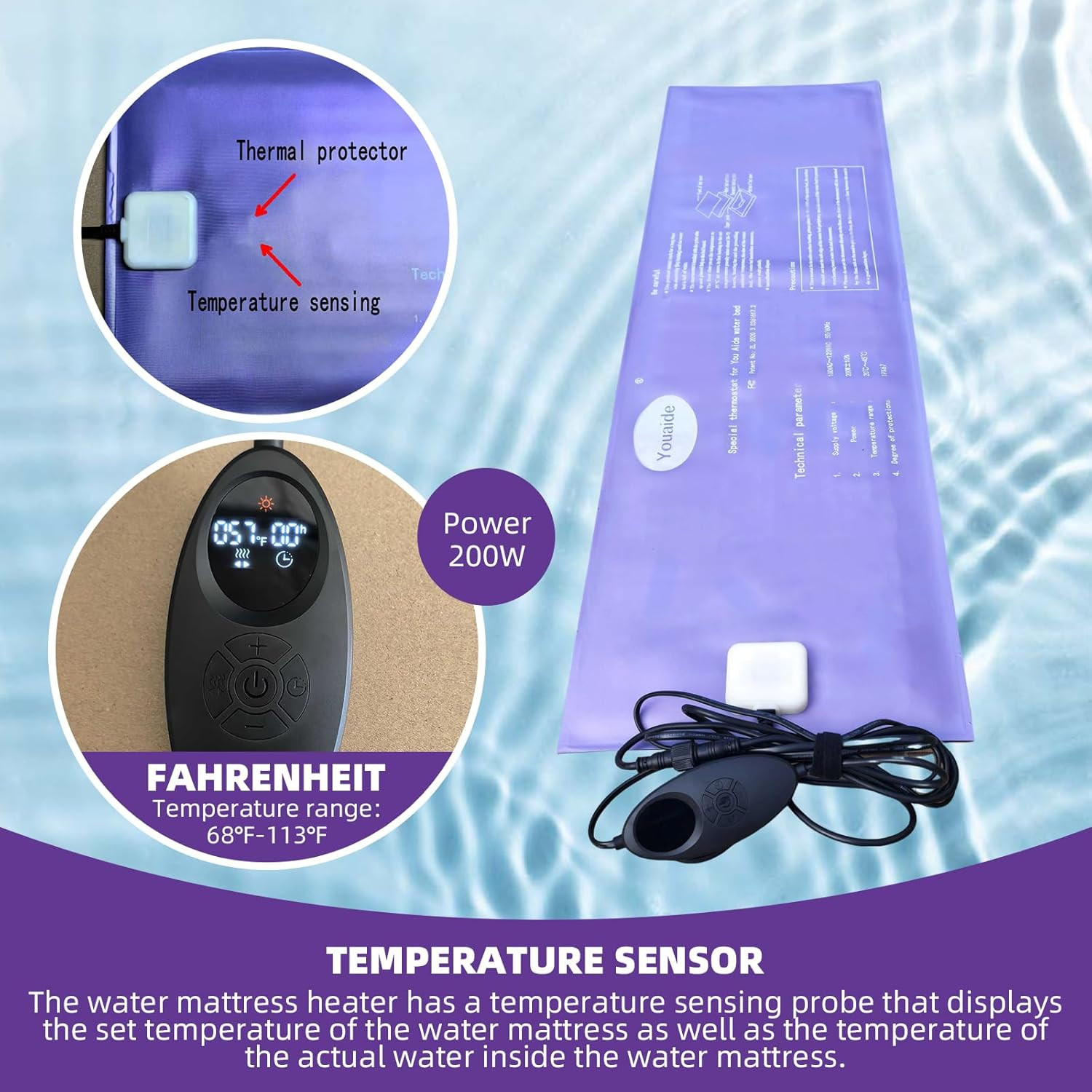 Waterbed Smart Thermostat, 200W Adjustable Softside Hardside Water Bed Heater, L