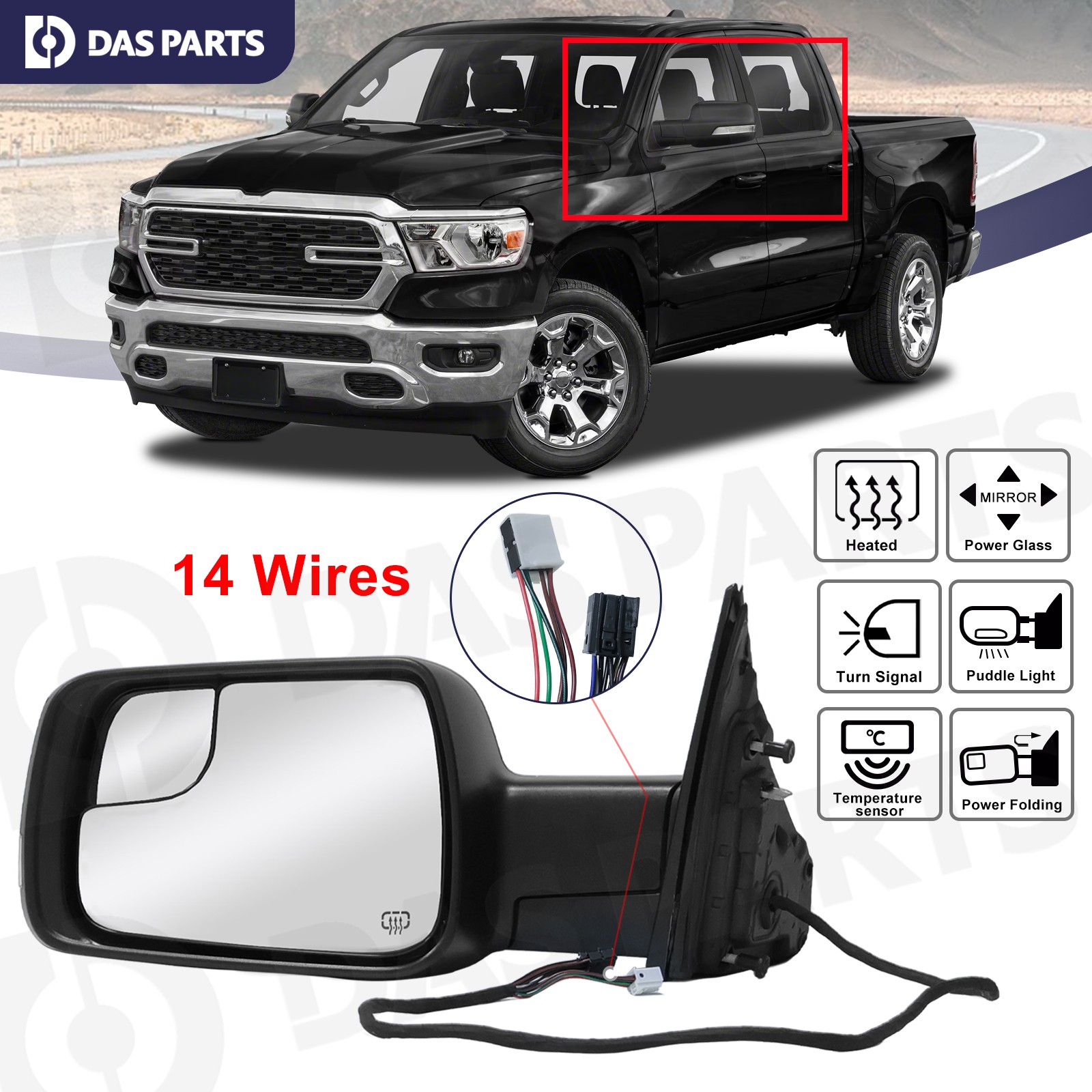For Ram 1500 2019-2024 Rear View Mirror Turn Signal Temp Sensor Driver Left Side