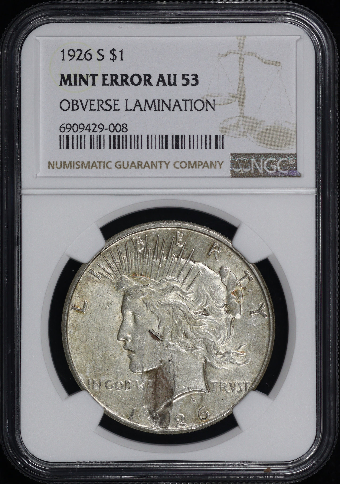 1926-S Peace Dollar NGC AU-53 Mint Error Obverse Lamination