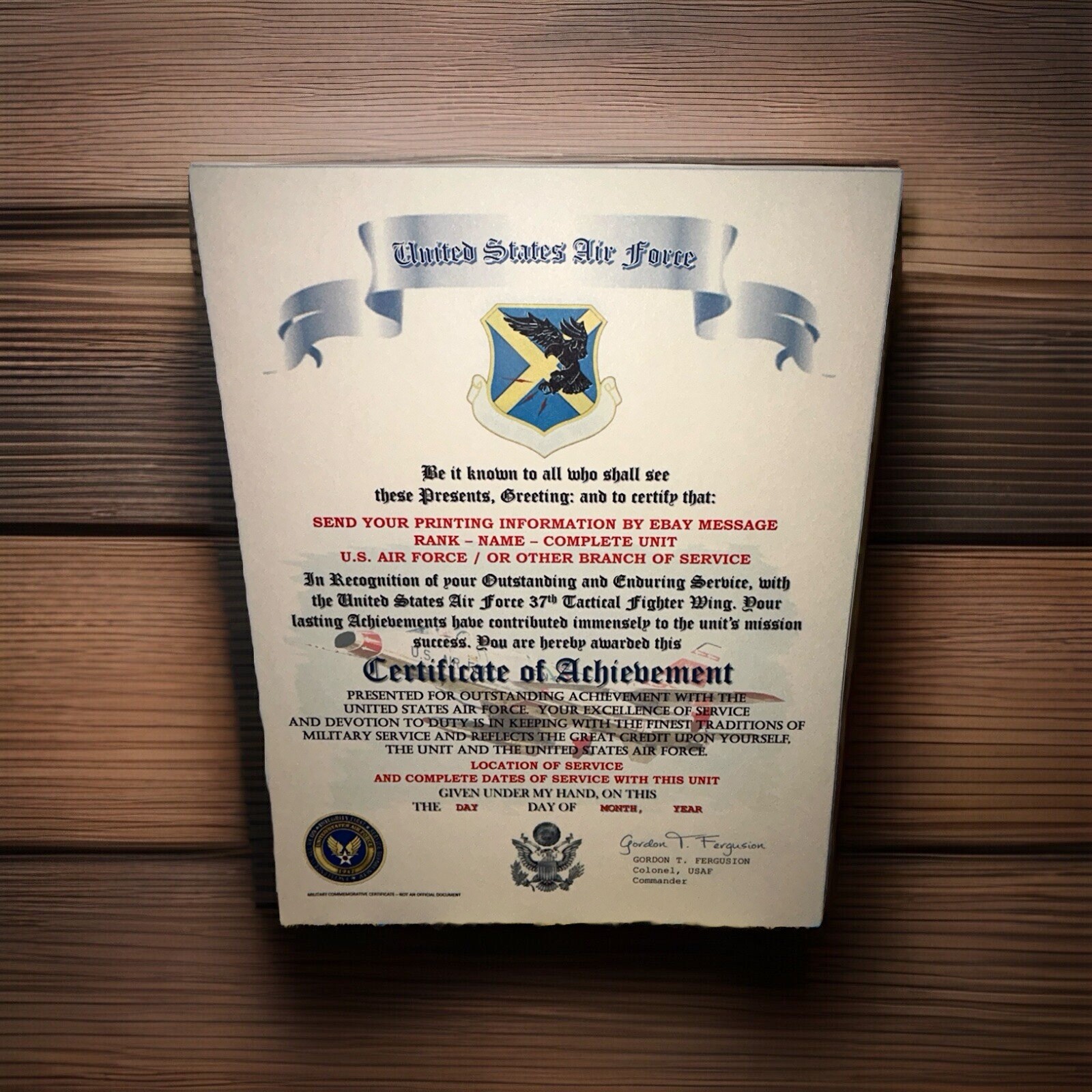 U.S.A.F. / AIR FORCE 37TH TACTICAL FIGHTER WING - CERTIFICATE OF ACHIEVEMENT