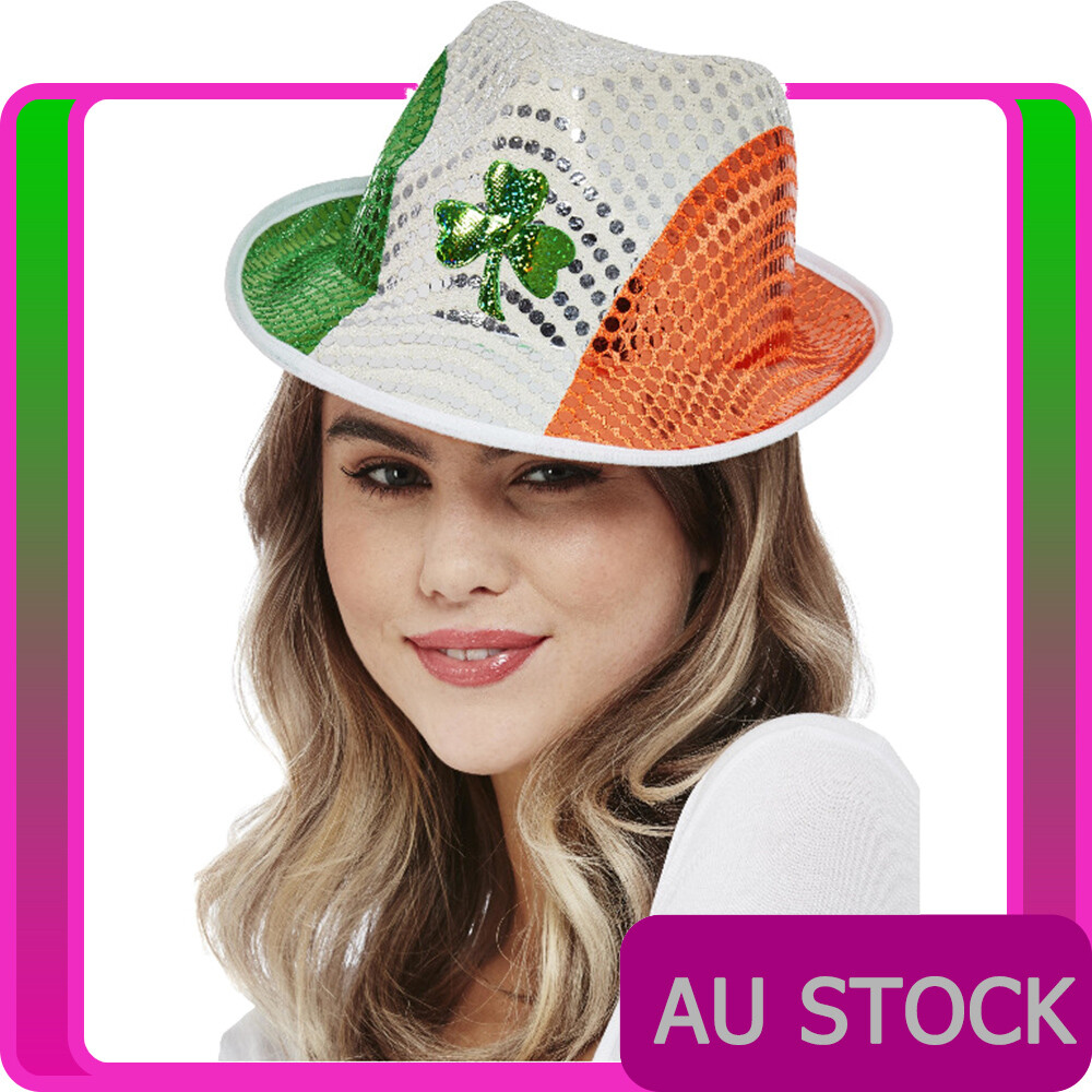 Adult Paddys Day Irish Flag Sequin Trilby Hat St Patricks Day Adults Mens Ladies