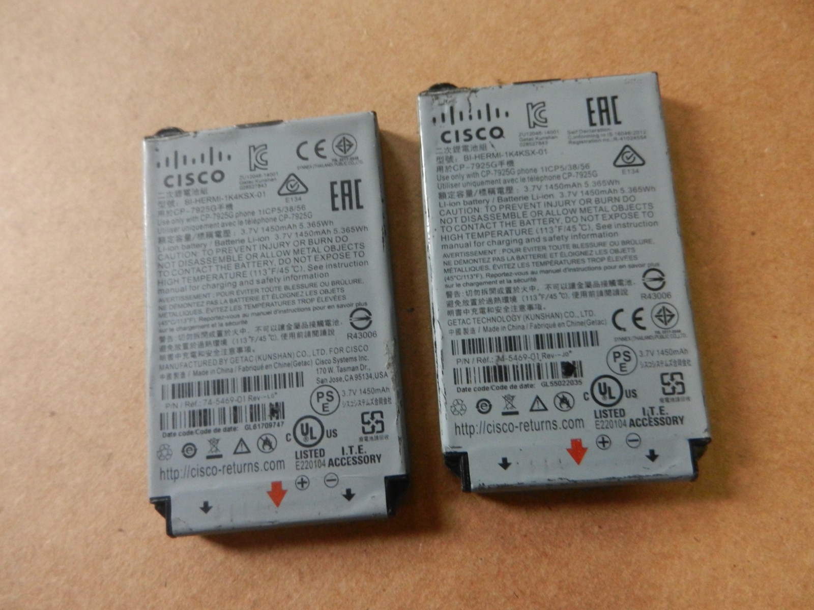 2X  Cisco CP-7925G-EXT-Lithium-Ion Wireless IP Phone Battery for 7925G USED-GOOD