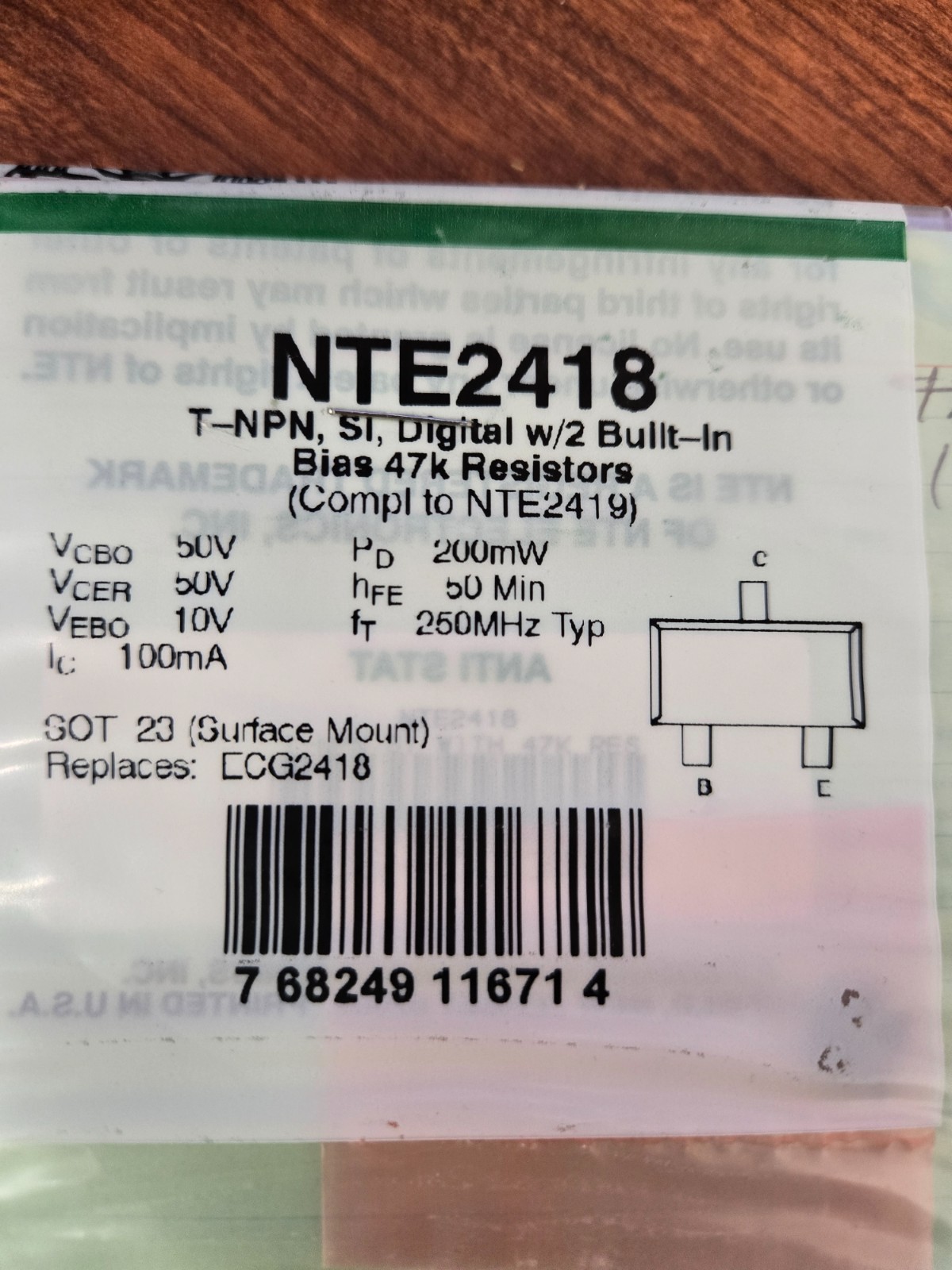 NTE2418 T-NPN, Si, Digital W/2 Built-In, Bias 47K Resistors