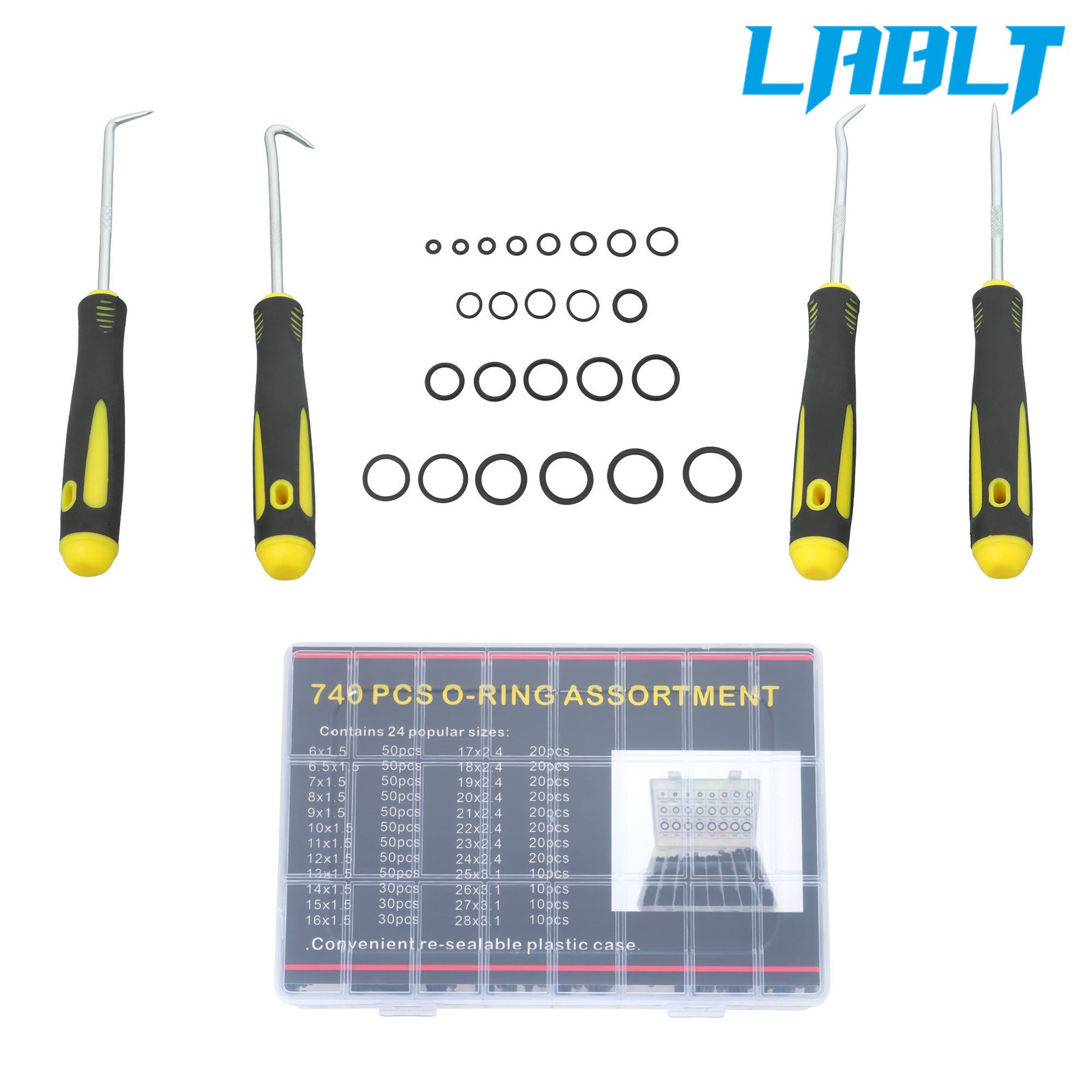 LABLT 740 Pack O-ring Set in 24 Sizes With 4 Tools Nitrile Rubber Oring Kit