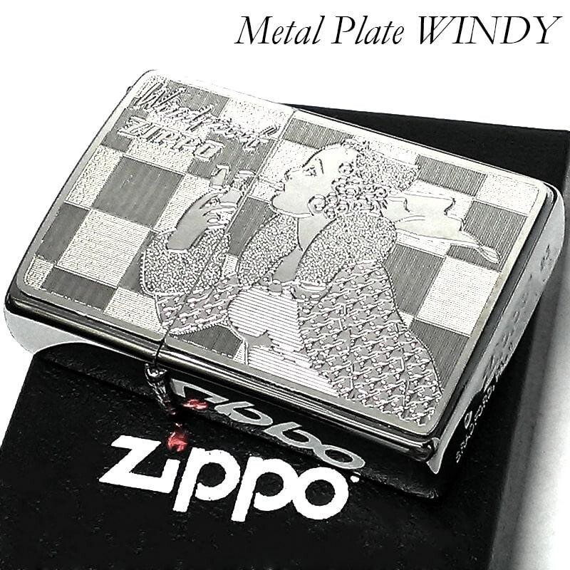 Zippo Old Design Windy Girl Metal Plate Silver Brass Lighter Japan