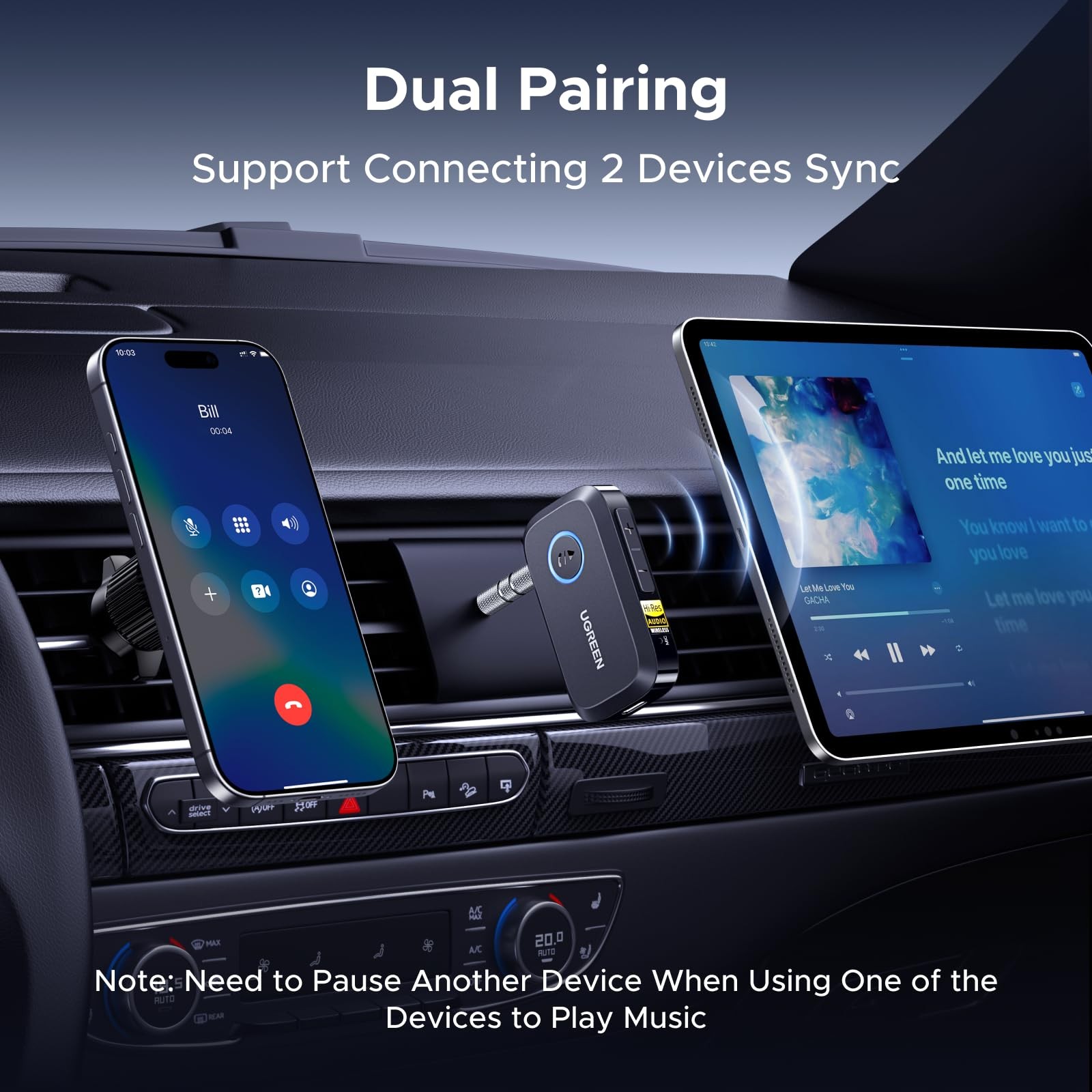 Bluetooth 6.0 Receiver for Car with LDAC, AI Noise Cancelling 3.5mm AUX B