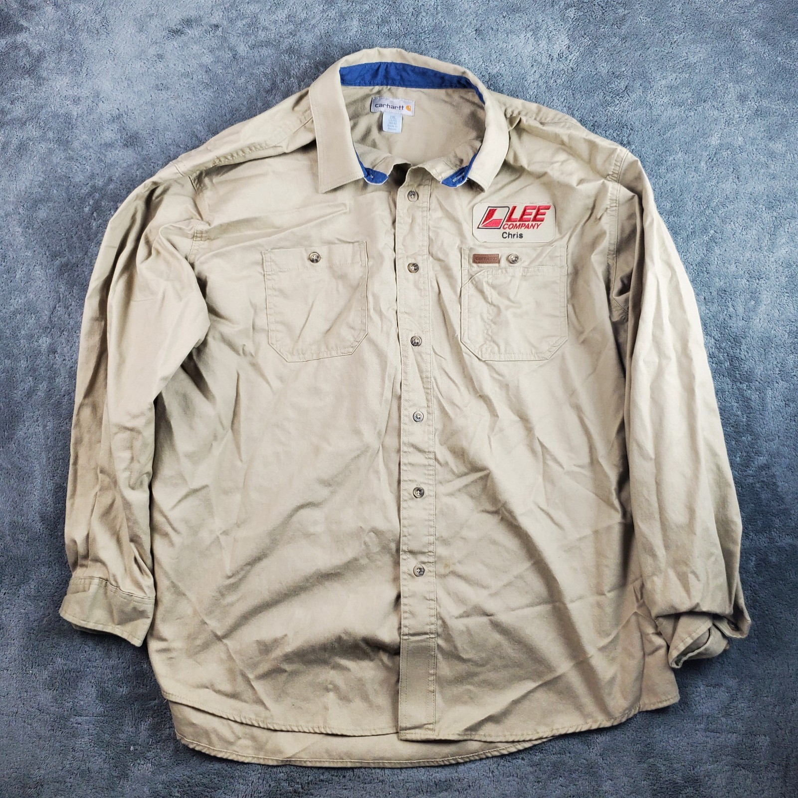 Carhartt Shirt Men's 2XL Beige Tradesman LS Leather Patch Work Button 384-62