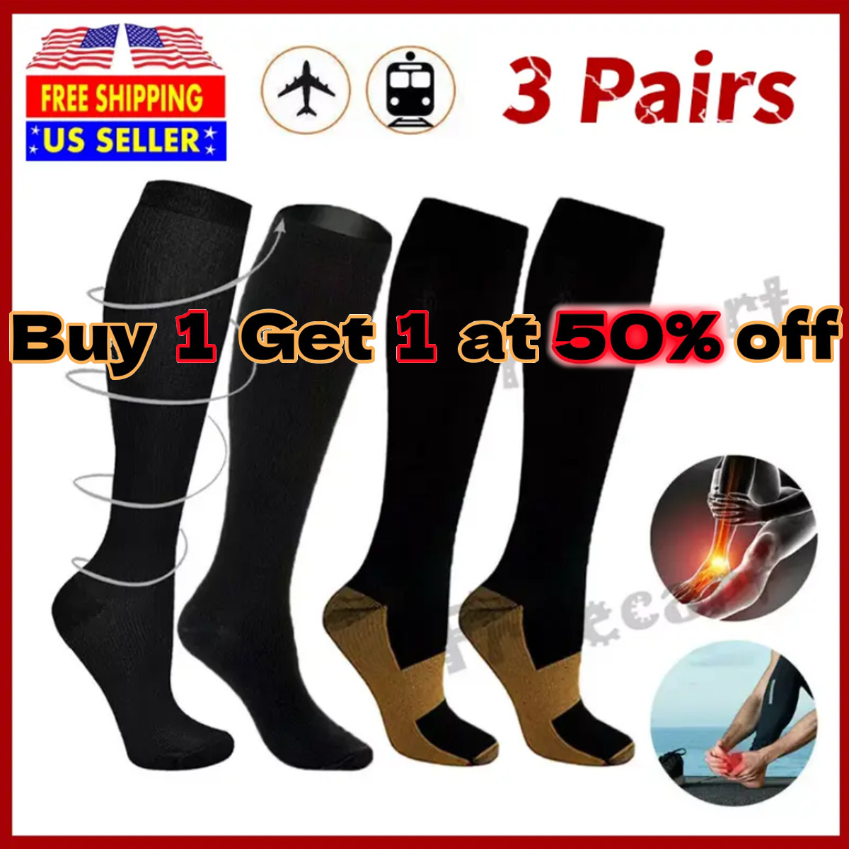 3 Pairs Compression Socks Copper Fit Knee High 20-30mmHg Energy Support Recover