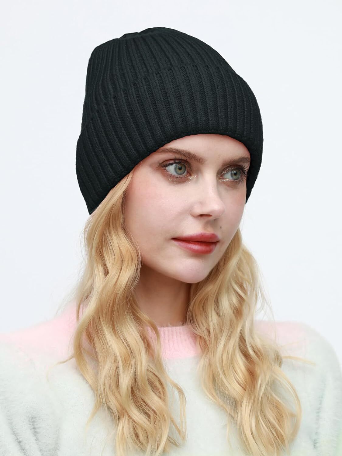 ROYBENS Womens Satin Lined Beanie for Men Wool Knit Cuffed 2pcs (Gray+black)