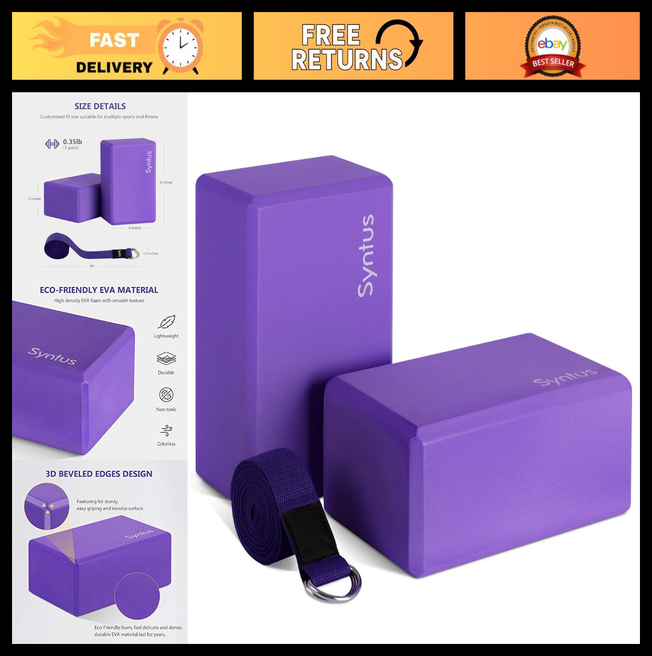 Yoga Block and Strap Set - 2 Non-Slip Foam Blocks 9x6x4, 8FT D-Ring Strap for Fi